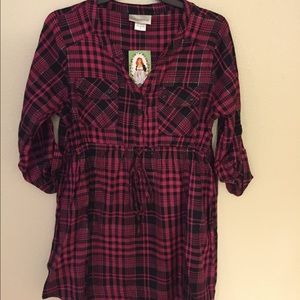 Pink and black plaid maternity top