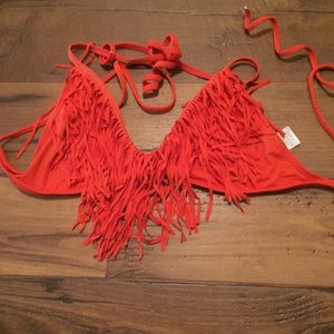 Bright orange, fringe swim top