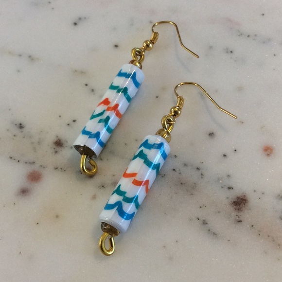 Blue & Orange Small Scallop Paper Bead Earrings - Picture 3 of 6