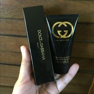 D&G-kabuki brush and Gucci guilty body lotion.