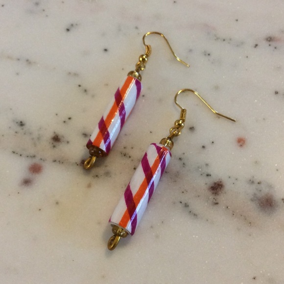 Magenta & Orange Twirl Paper Bead Earrings - Picture 2 of 6