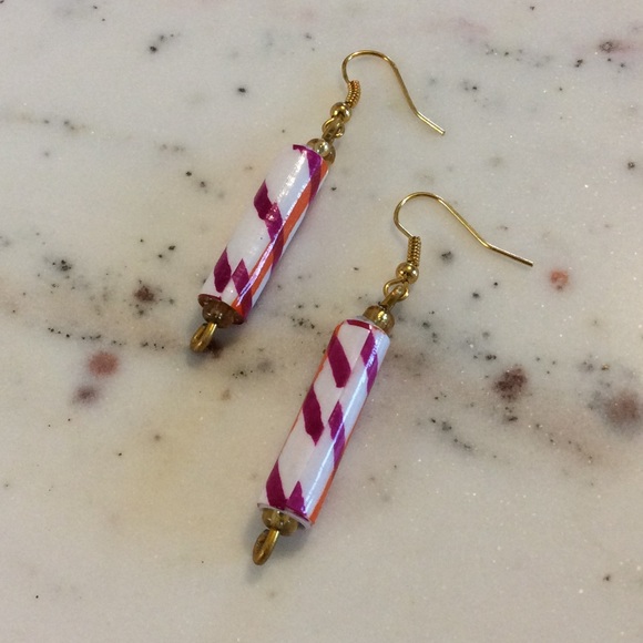 Magenta & Orange Twirl Paper Bead Earrings - Picture 3 of 6