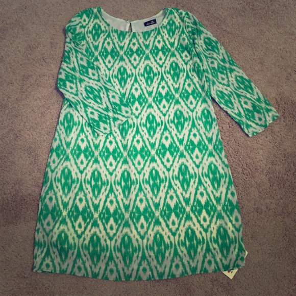 Green and white print sheath dress