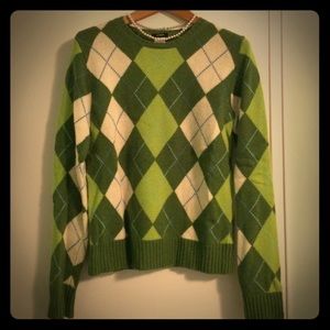J Crew green wool argyle sweater Small
