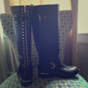 Black and gold studded riding boots