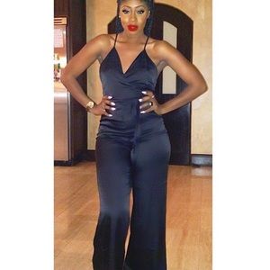 Black Satin/polyester strappy jumpsuit