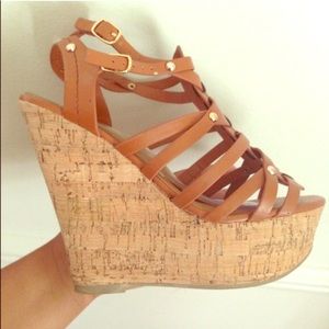 Cognac Studded Strappy Wedges