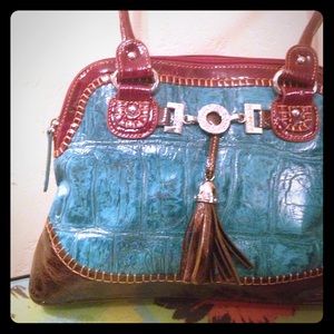 Funky Teal & Burgundy Handbag w/ Rhinestone Detail