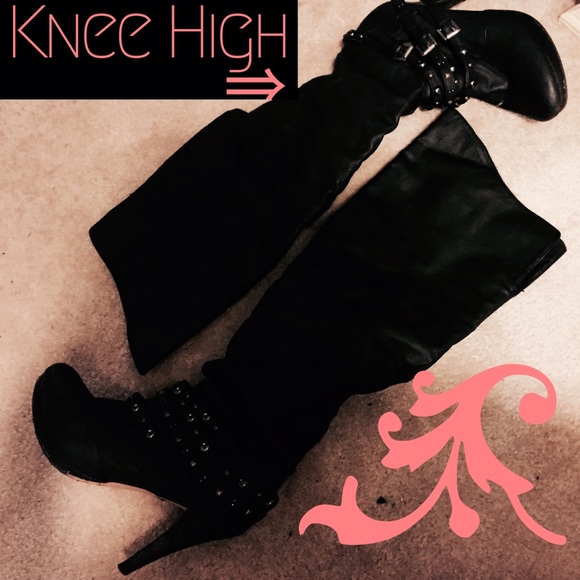 Knee High Black Leather Heeled Boots w SilverStuds