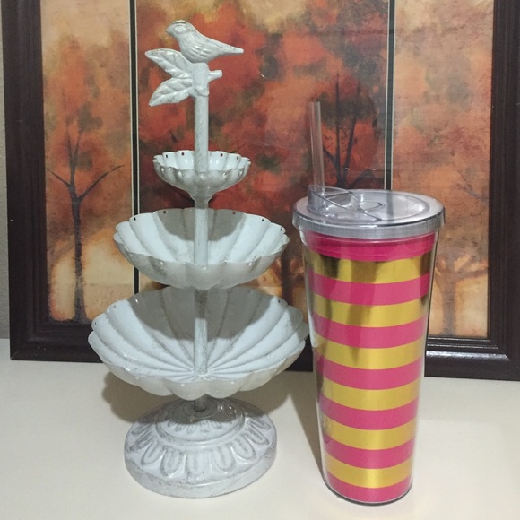 24oz Pink with Gold Stripes Tumbler w/Straw