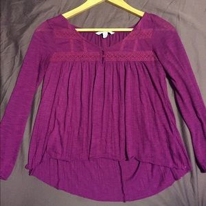 Purple long sleeve flowy top with lace detailing