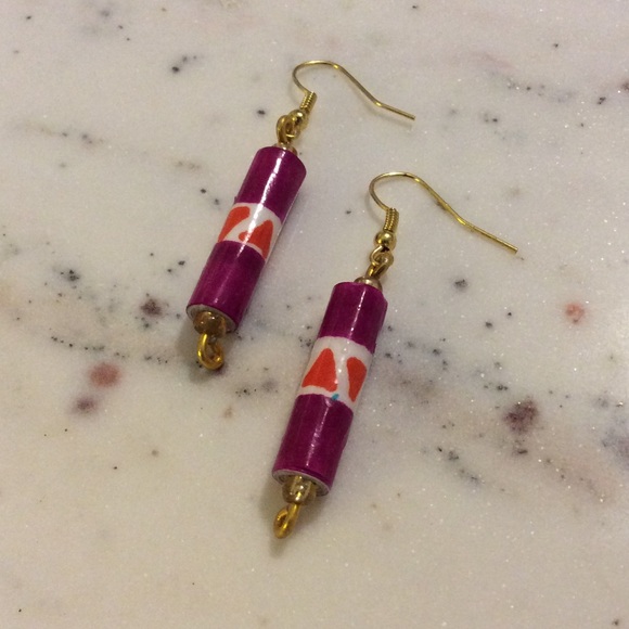 Magenta & Orange Tri Paper Bead Earrings - Picture 2 of 7