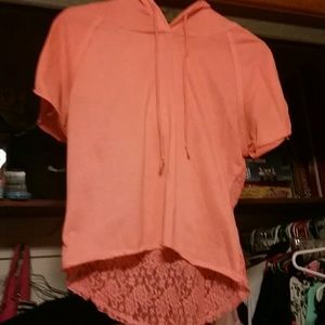 Coral color shirt with lace and hood in the back