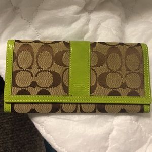 COACH - Fold over Wallet. Lime green and tan C's.