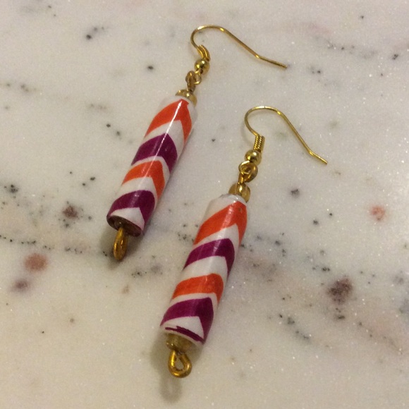 Magenta & Orange Chevron Paper Bead Earrings - Picture 2 of 6