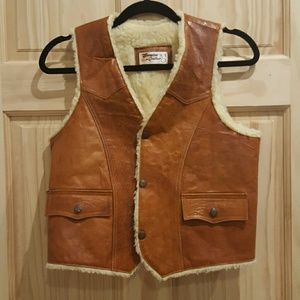Vintage leather shearling lined vest