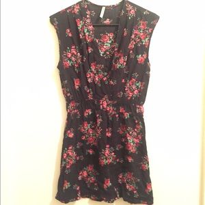 Black spring dress with pink floral pattern