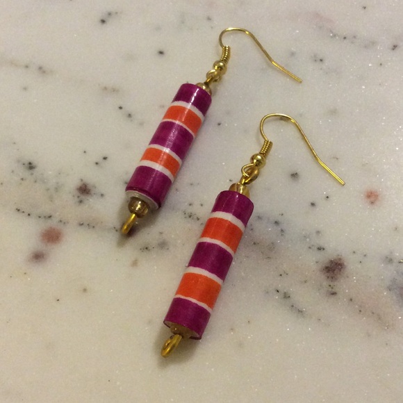 Magenta & Orange Striped Paper Bead Earrings - Picture 2 of 6