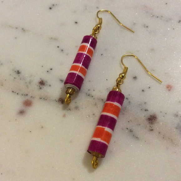 Magenta & Orange Striped Paper Bead Earrings - Picture 3 of 6