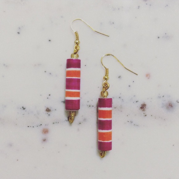 Magenta & Orange Striped Paper Bead Earrings - Picture 1 of 6