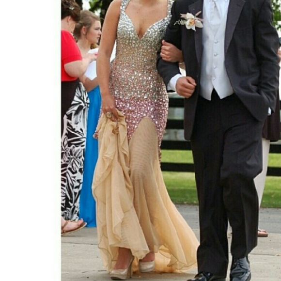 Size 4. Silver, pink, and tan jeweled prom dress.