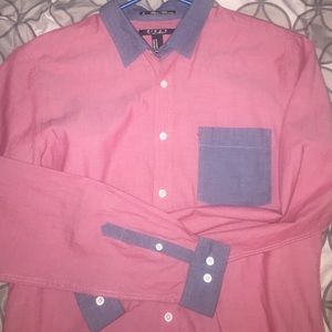 Pink long sleeve button up with denim pocket