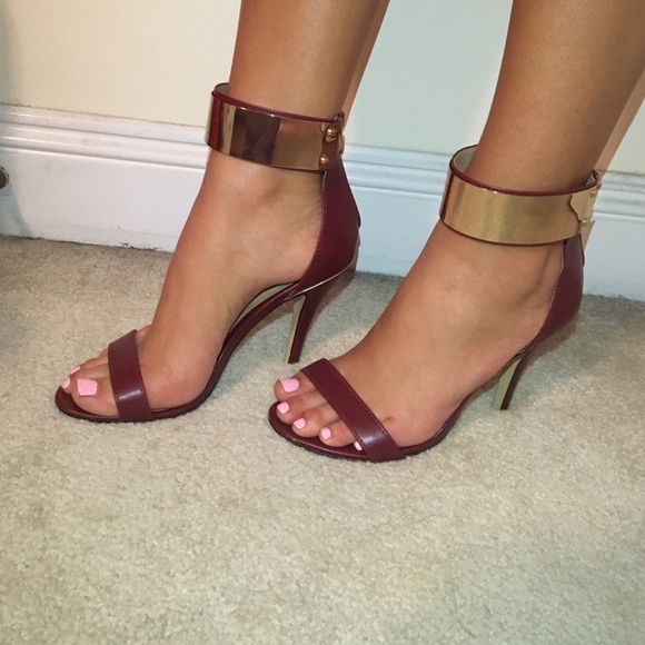 burgundy and gold shoes
