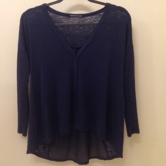 Sheer navy blue long sleeve button down shirt