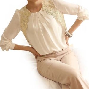 White sheer top w/ gold crochet detail