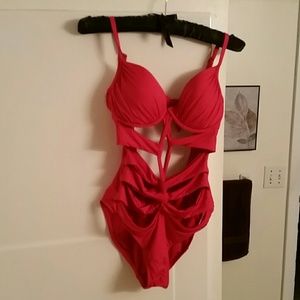 Red designer one piece bathing suit