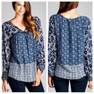 Long sleeve blue print blouse