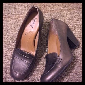 Metallic penny loafer type heels