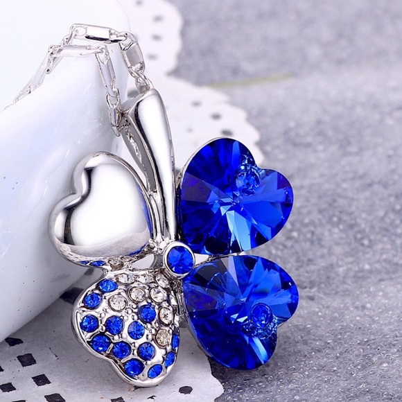 Lovely Sapphire FourHeartNecklaceSwarovskiCrystals