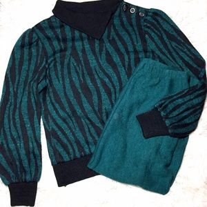 Vintage Teal Zebra Sweater Skirt Set