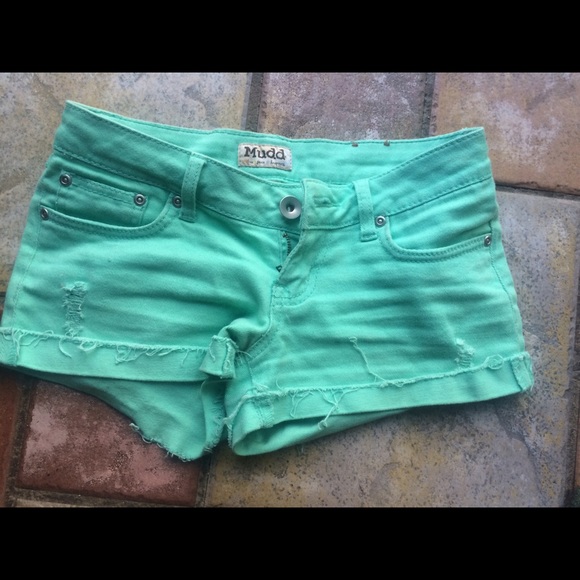 MUDD mint colored slightly distressed denim shorts