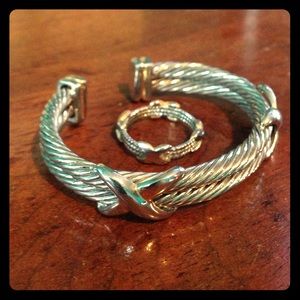 Gold and Silver Criss-Cross Cuff Bracelet and Ring