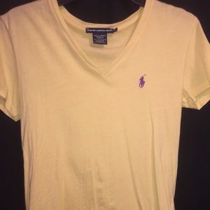 Yellow V-neck polo with purple horse. Size small.