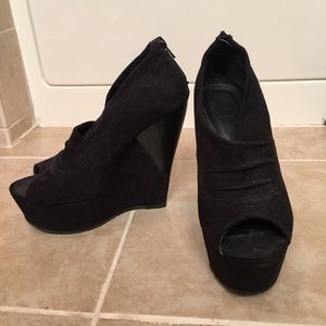 Black velvet wedge peep toe shoes