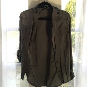 Grey Button Up Blouse With Collar Detail