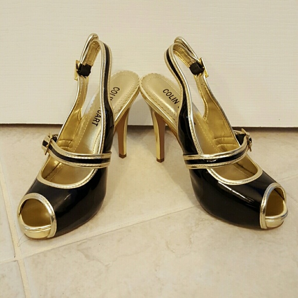 Black Patent Leather Heels with Gold Trim