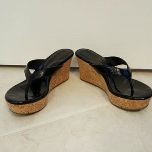 UGG Black Patent Leather and Cork Wedges