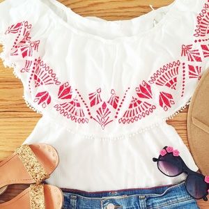 LUSH  embroidered ivory off the shoulder top