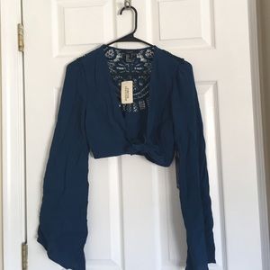 Wrap bell sleeve crop top lace back