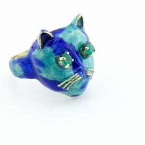 Vintage 14k Yellow Gold Enamel Gem Stone Cat Ring
