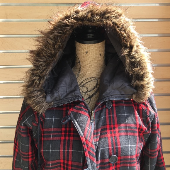 Red & Grey Plaid Bomber Jacket Hoodie Furry - Picture 1 of 3