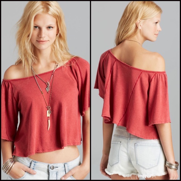 ❌SOLD❌Free People Crop Top Tee Off The Shoulder - Picture 2 of 8