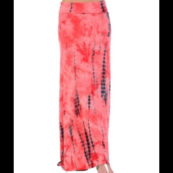 Coral Fold Over Waist Tie Dye Maxi Skirt - Picture 2 of 4