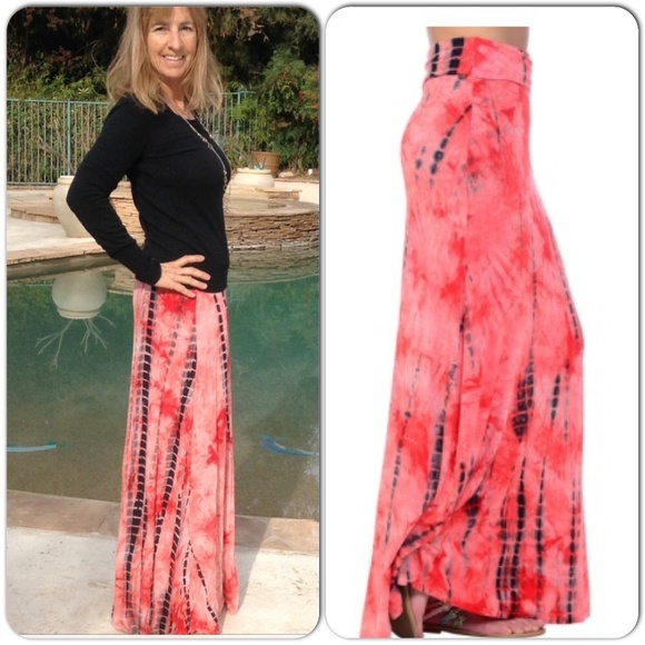Coral Fold Over Waist Tie Dye Maxi Skirt - Picture 4 of 4