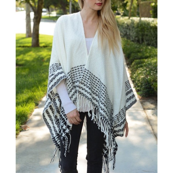 Bare Anthology Sweaters - LOWEST "Pied Beauty" Fringed Printed Poncho