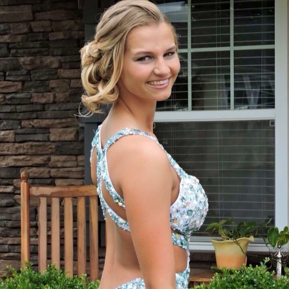 White and Turquoise Prom Dress - Picture 1 of 4